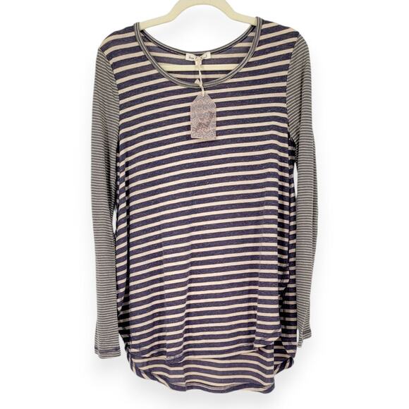 NWT Hem & Thread Striped Long Sleeve Tunic Top Size M Purple& Beige, Boho Casual - Picture 1 of 5